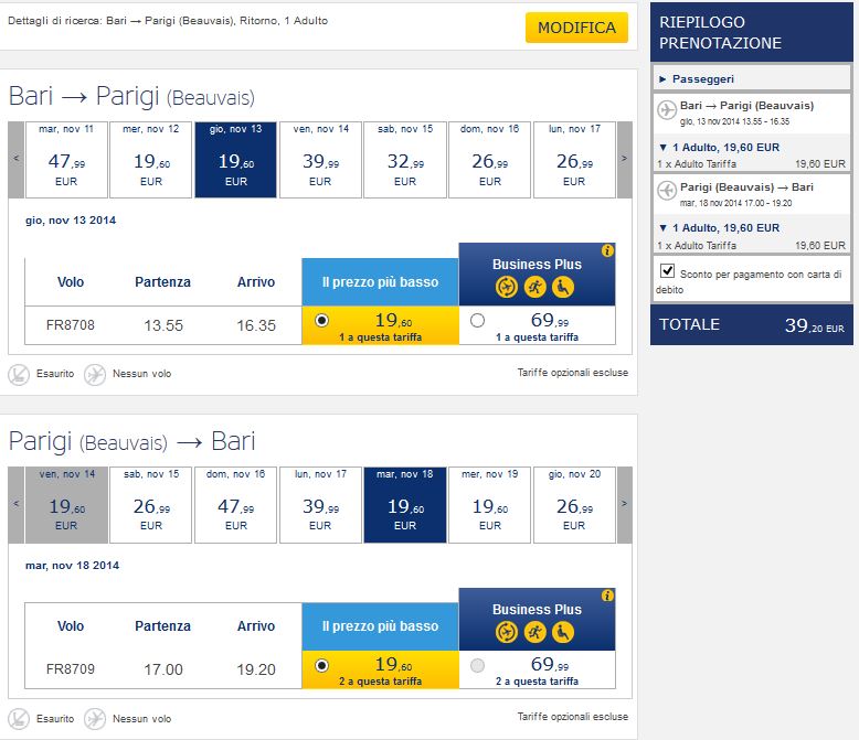 bari parigi ryanair