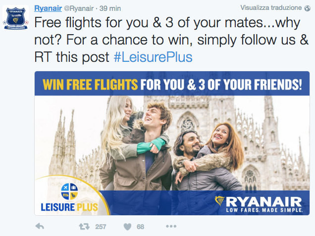 concorso per vincere voli ryanair twitter