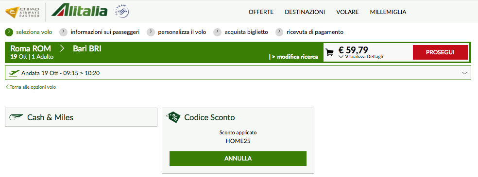 schermata che mostra come applicare il codice sconto alitalia