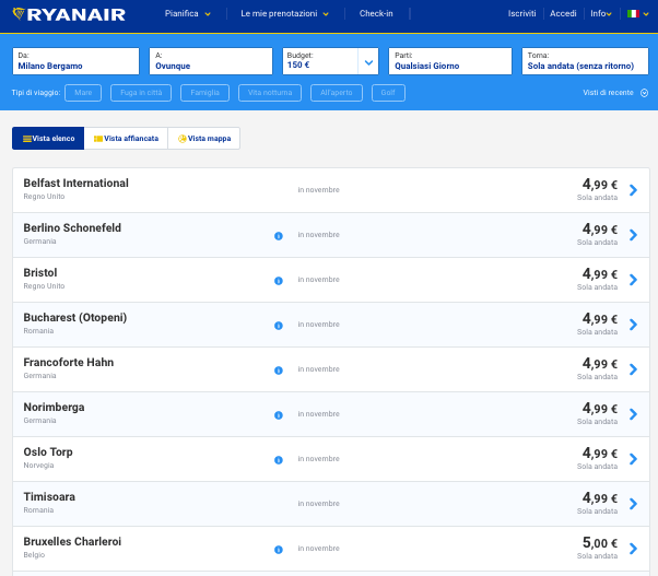 voli low cost ryanair 5 euro