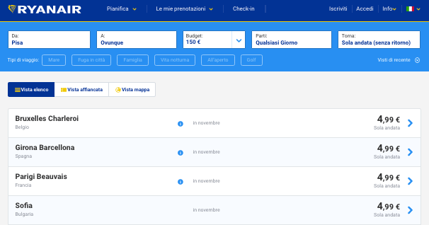 voli ryanair 5 euro pisa