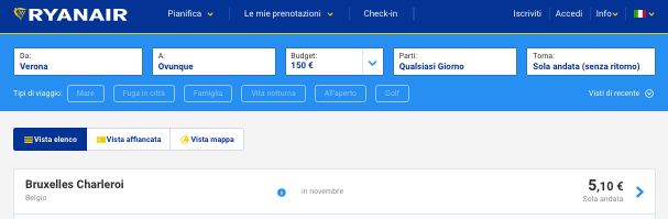 voli low cost ryanair 5 euro verona