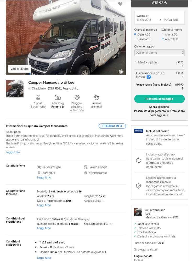 yescapa noleggio camper